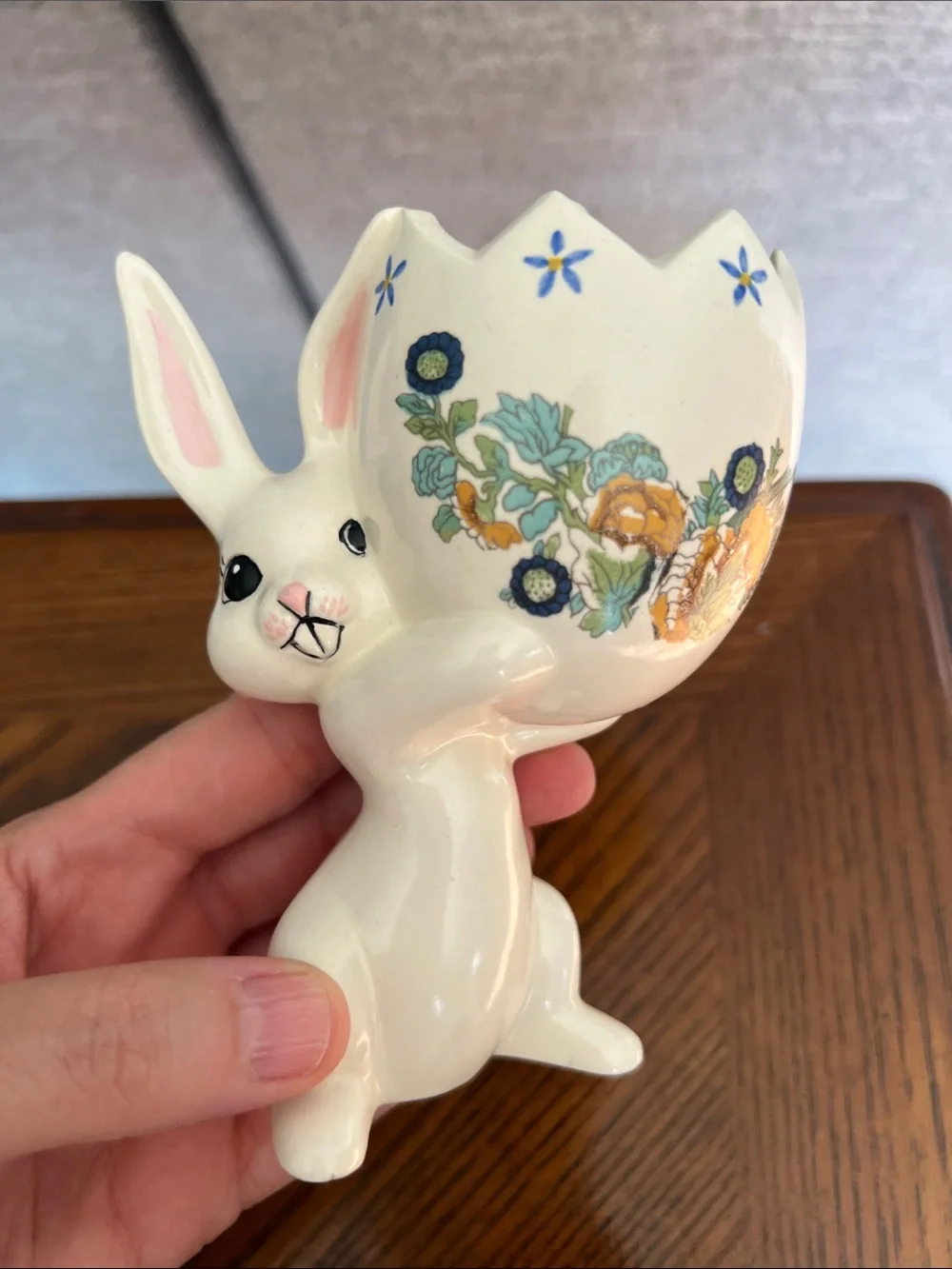 Vintage 1970s Ceramic Bunny Egg Planter with Floral Design